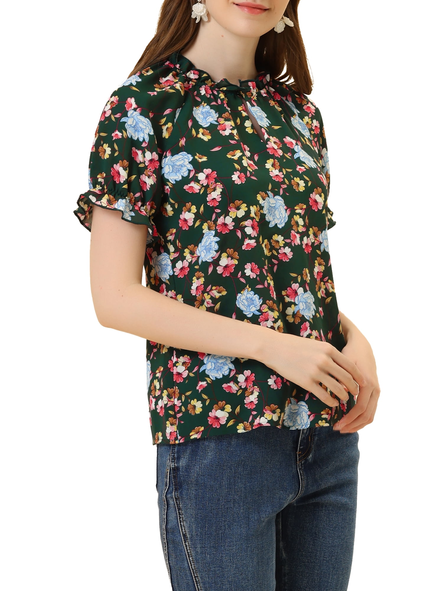 DARING DIVA Women's Floral Ruffled Neck Short Sleeves Top Blouse S Dark Green