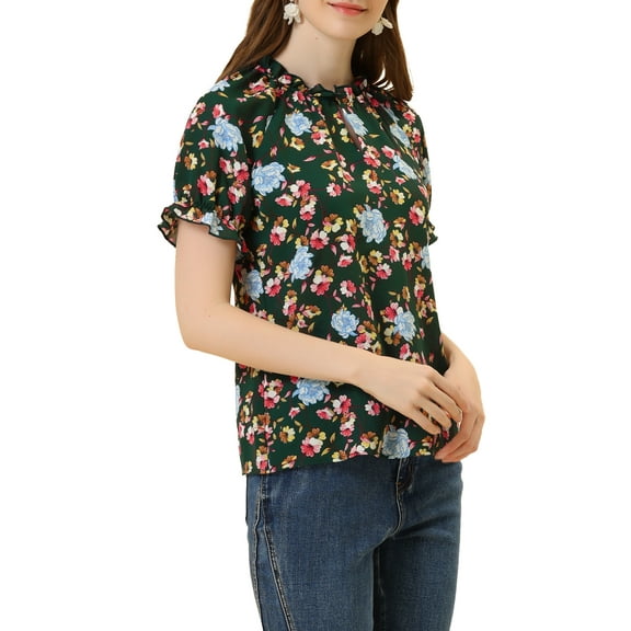 DARING DIVA Women's Floral Ruffled Neck Short Sleeves Top Blouse S Dark Green