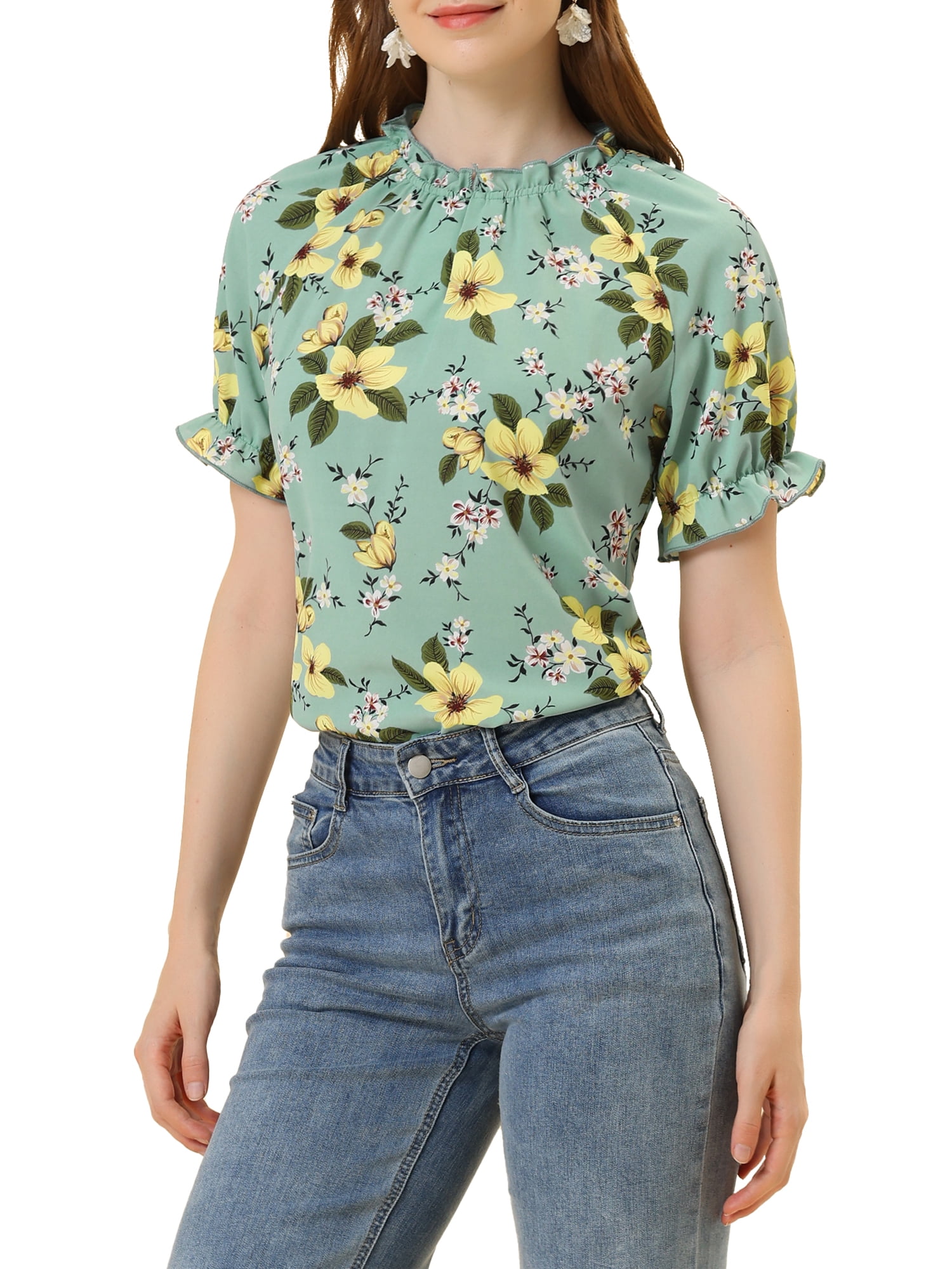 DARING DIVA Women's Floral Ruffled Neck Short Sleeves Top Blouse S Grayish Green
