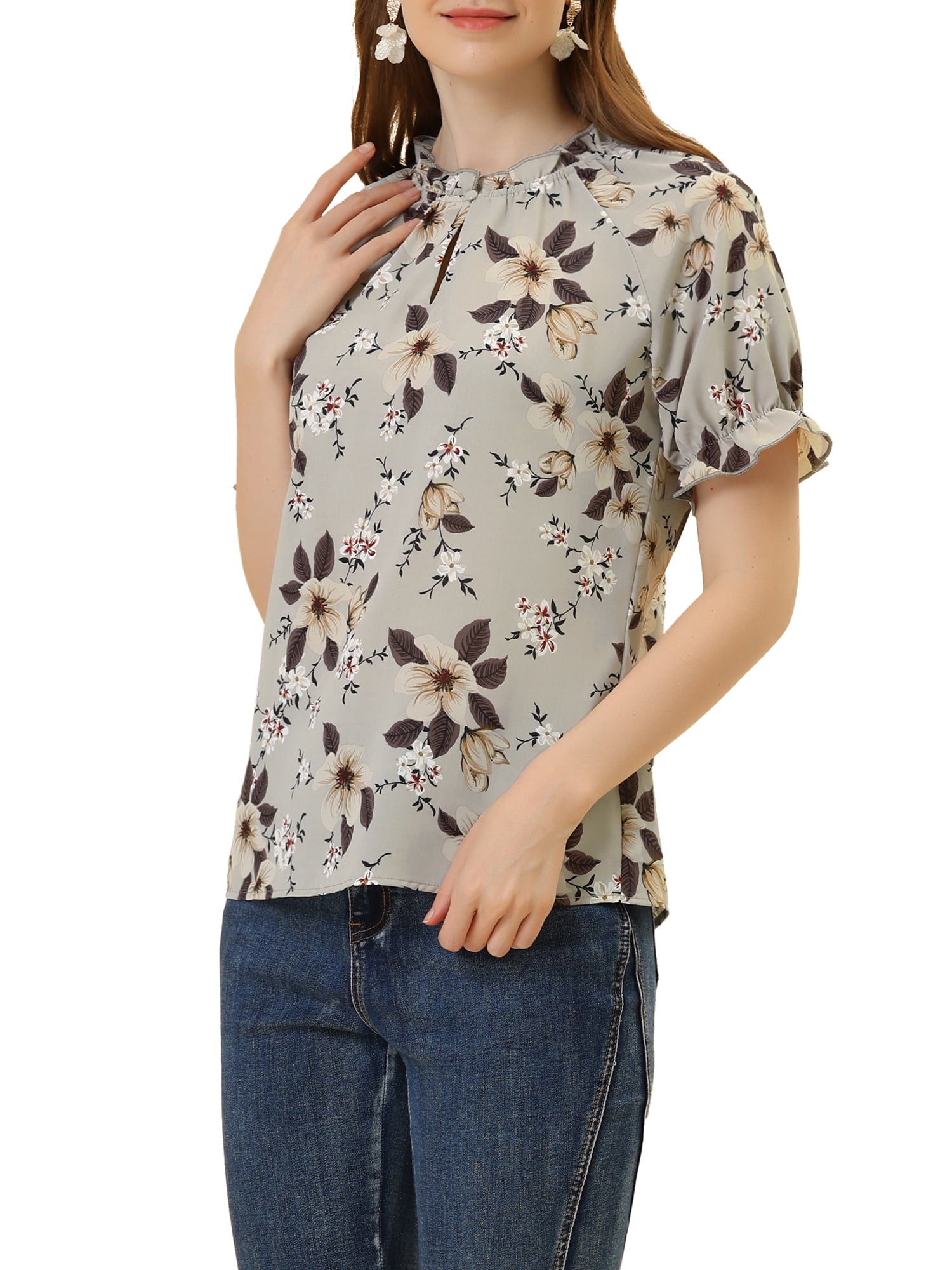 DARING DIVA Women's Floral Ruffled Neck Short Sleeves Top Blouse S Grey