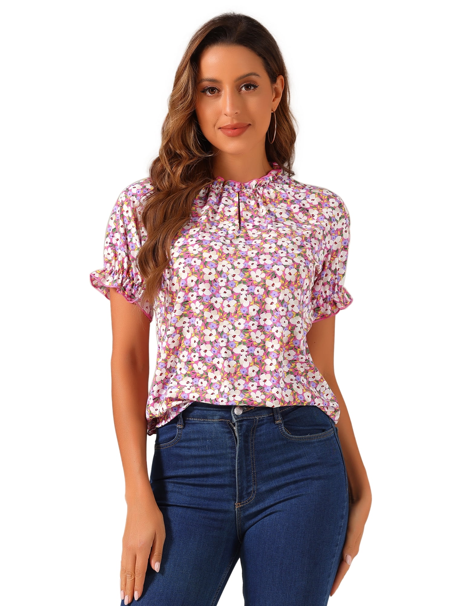 DARING DIVA Women's Floral Ruffled Neck Short Sleeves Top Blouse S Hot Pink