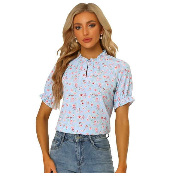 DARING DIVA Women's Floral Ruffled Neck Short Sleeves Top Blouse S Sky Blue