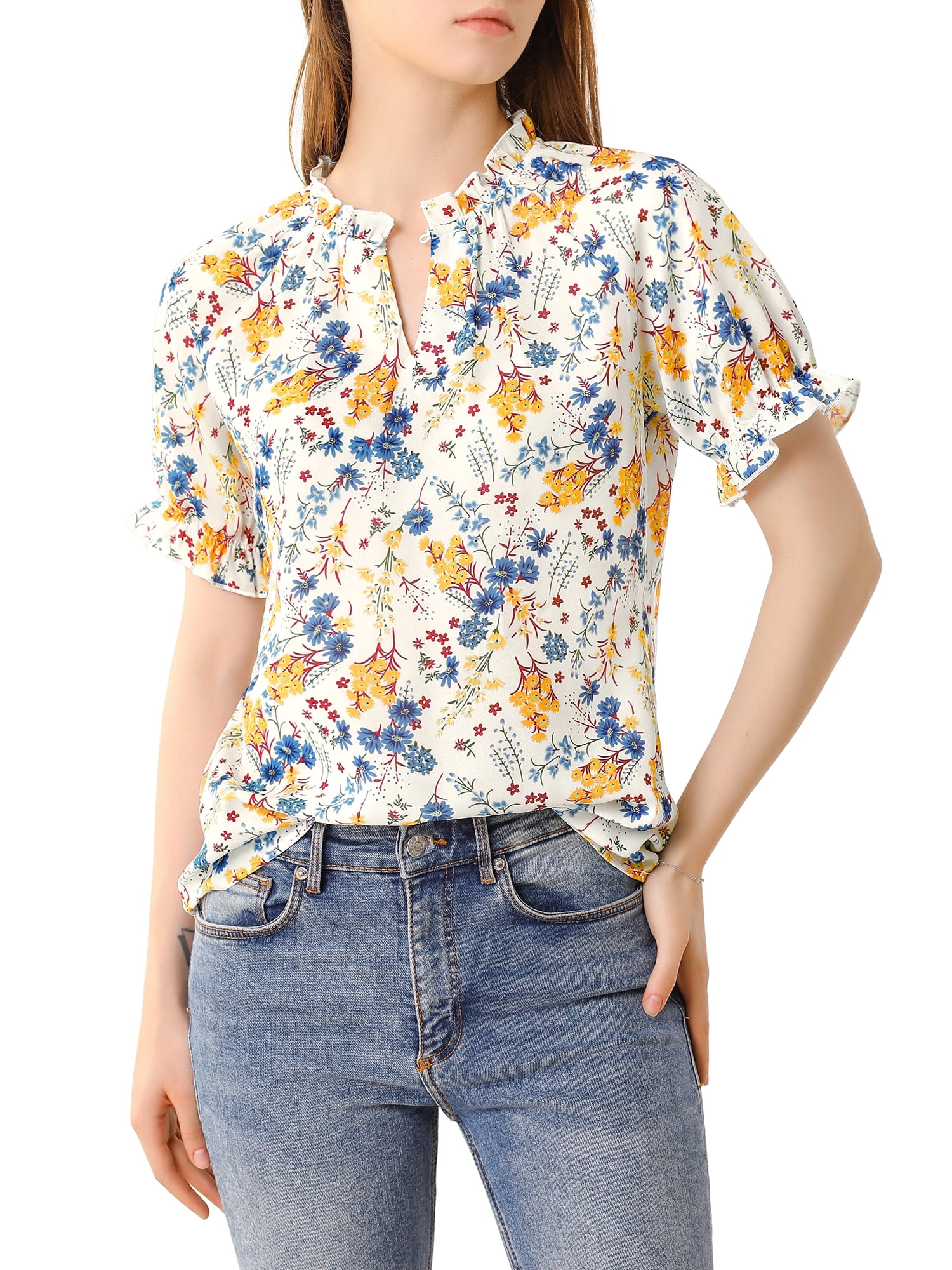 DARING DIVA Women's Floral Ruffled Neck Short Sleeves Top Blouse S White Blue
