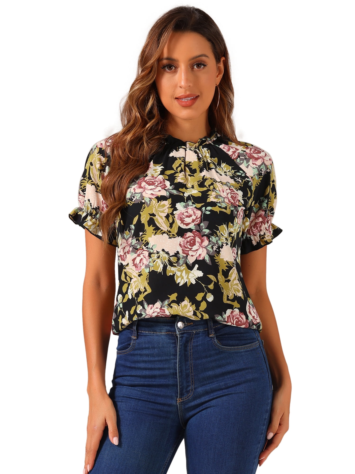 DARING DIVA Women's Floral Ruffled Neck Short Sleeves Top Blouse XS Black Red