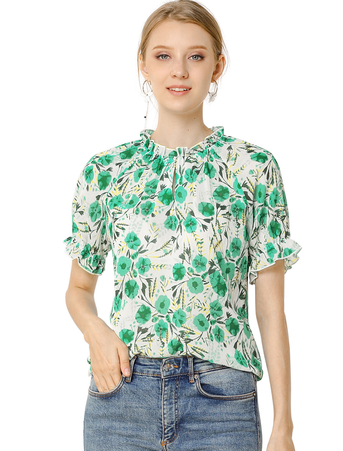 DARING DIVA Women's Floral Ruffled Neck Short Sleeves Top Blouse XS Green