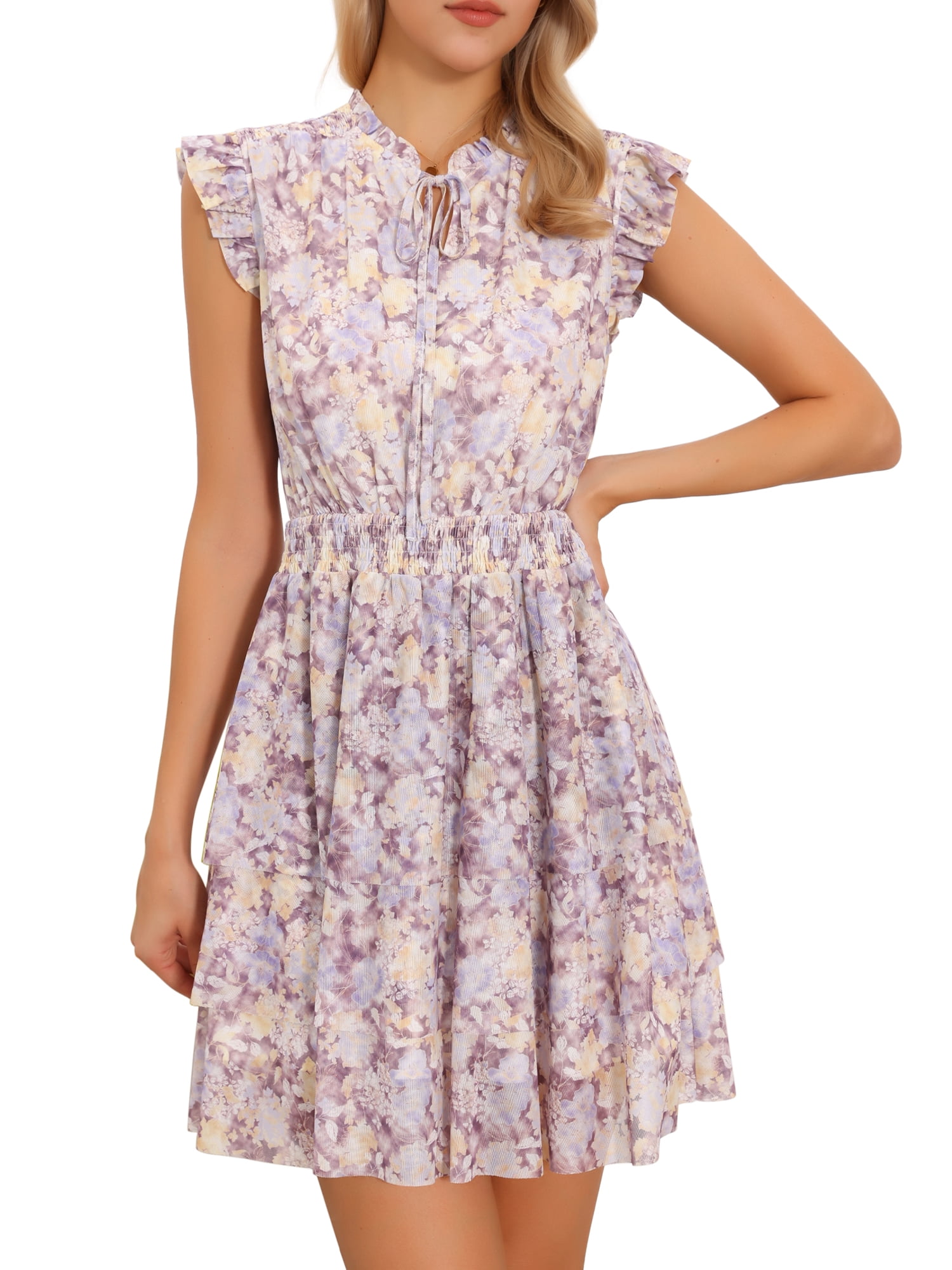 DARING DIVA Women's Floral Ruffled Sleeve Dresses V Neck Sundress XS Light Purple
