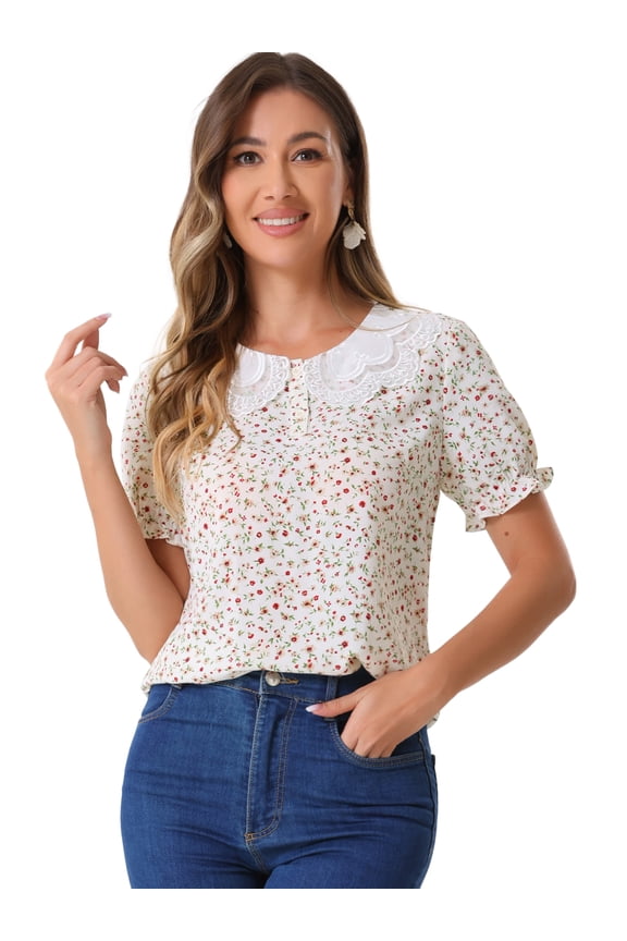 Women's Floral Ruffled Sleeve Peter Pan Collar Blouses L White