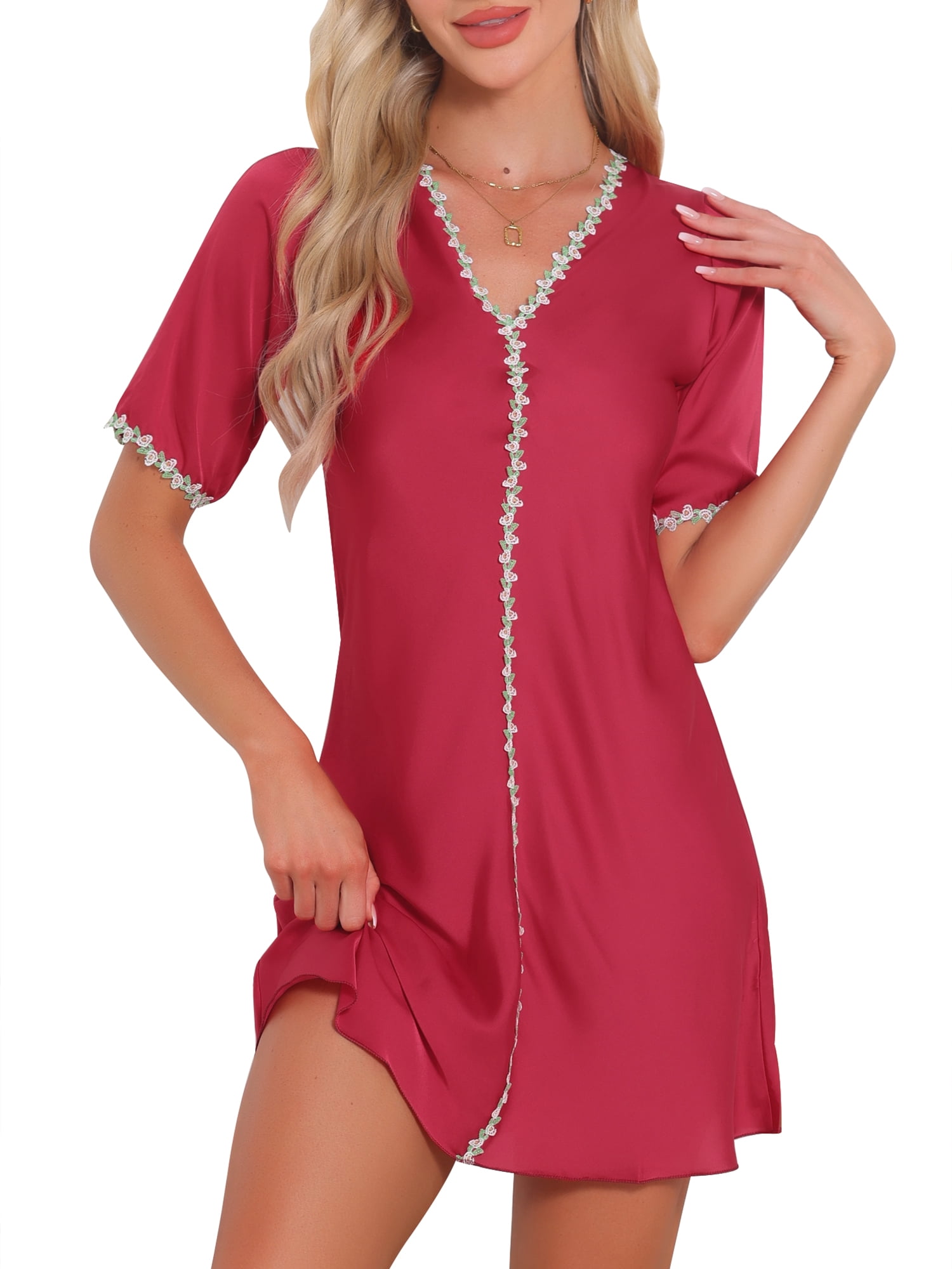 DARING DIVA Women's Floral Satin A-line V Neck Short Sleeve Sleepdress L Red