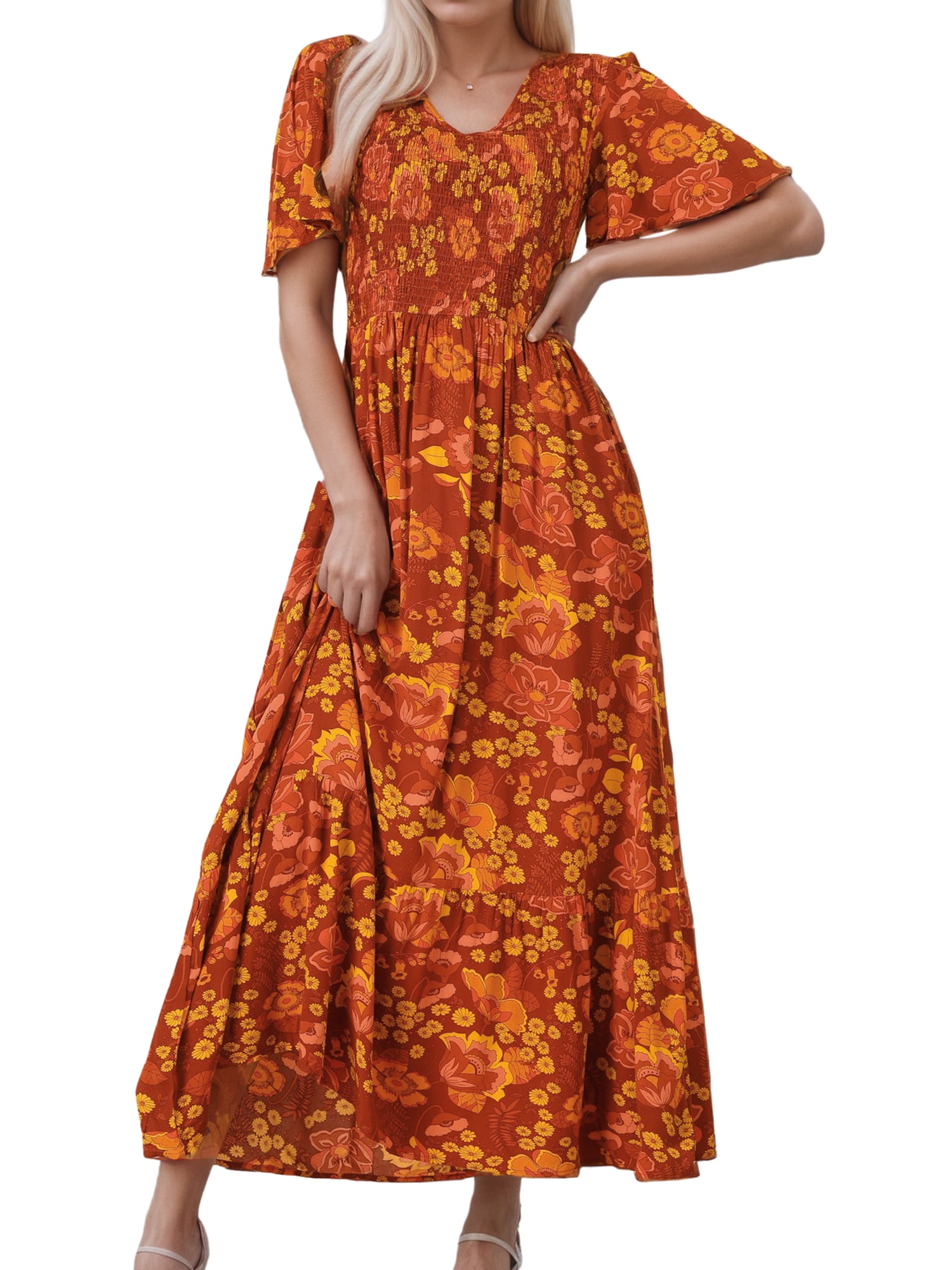DARING DIVA Women's Floral Short Flutter Sleeve Flowy Maxi Dresses L Brick Red