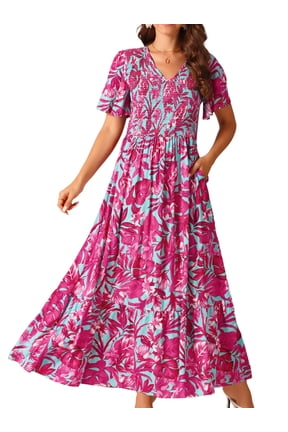 Women's Floral Short Flutter Sleeve Flowy Maxi Dresses L Hot Pink