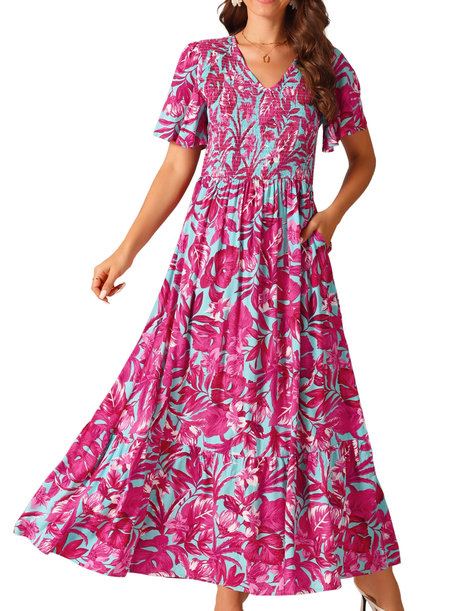 DARING DIVA Women's Floral Short Flutter Sleeve Flowy Maxi Dresses M Hot Pink