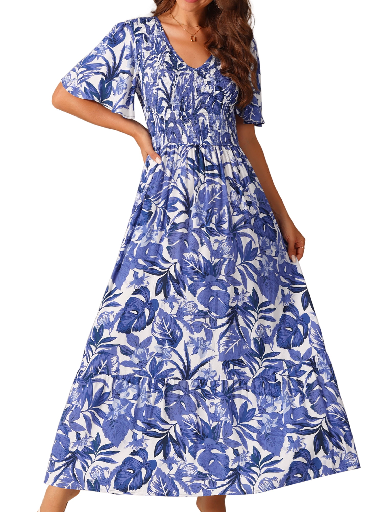 DARING DIVA Women's Floral Short Flutter Sleeve Flowy Maxi Dresses S Dark Blue