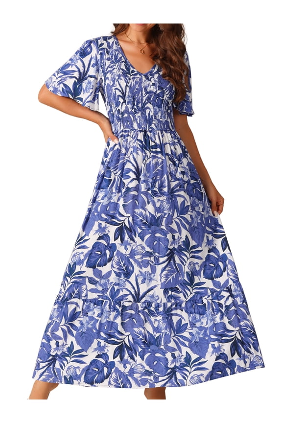Women's Floral Short Flutter Sleeve Flowy Maxi Dresses S Dark Blue
