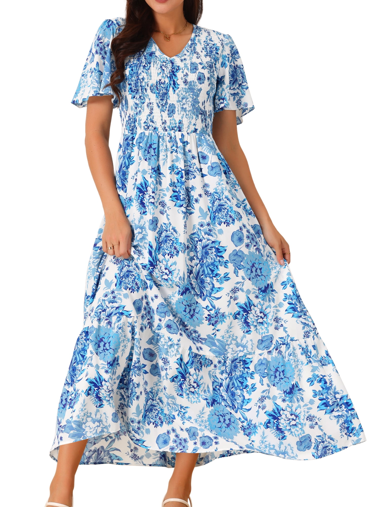 DARING DIVA Women's Floral Short Flutter Sleeve Flowy Maxi Dresses XL Blue