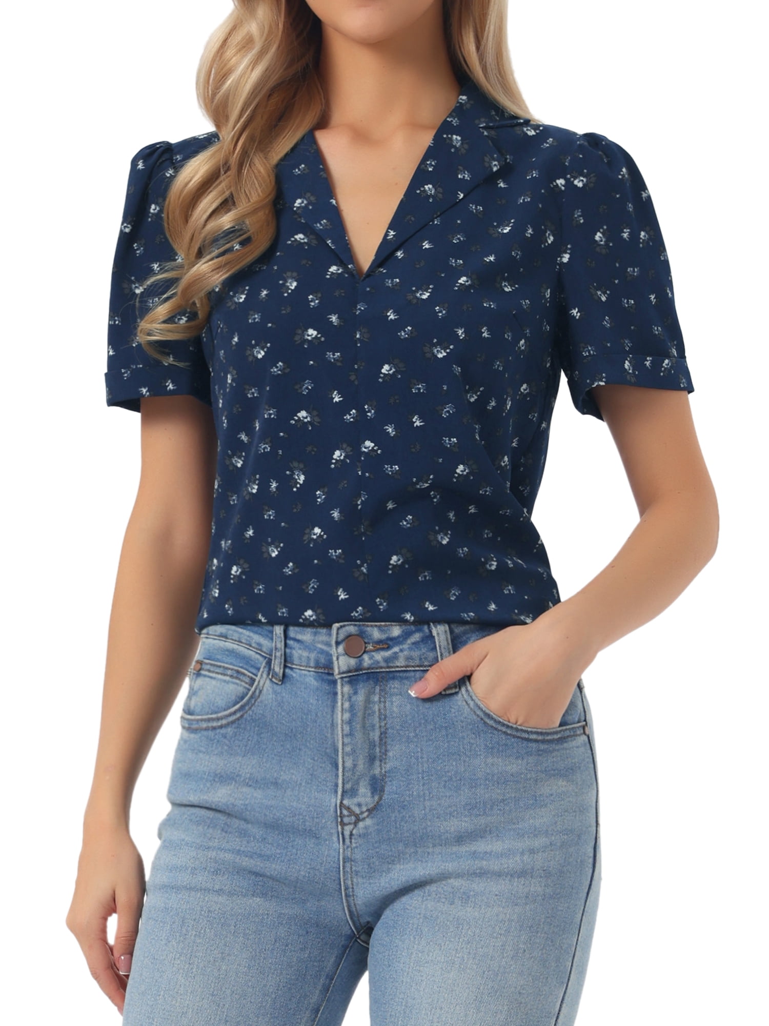 DARING DIVA Women's Floral Short Sleeve V Neck Blouses M Dark Blue