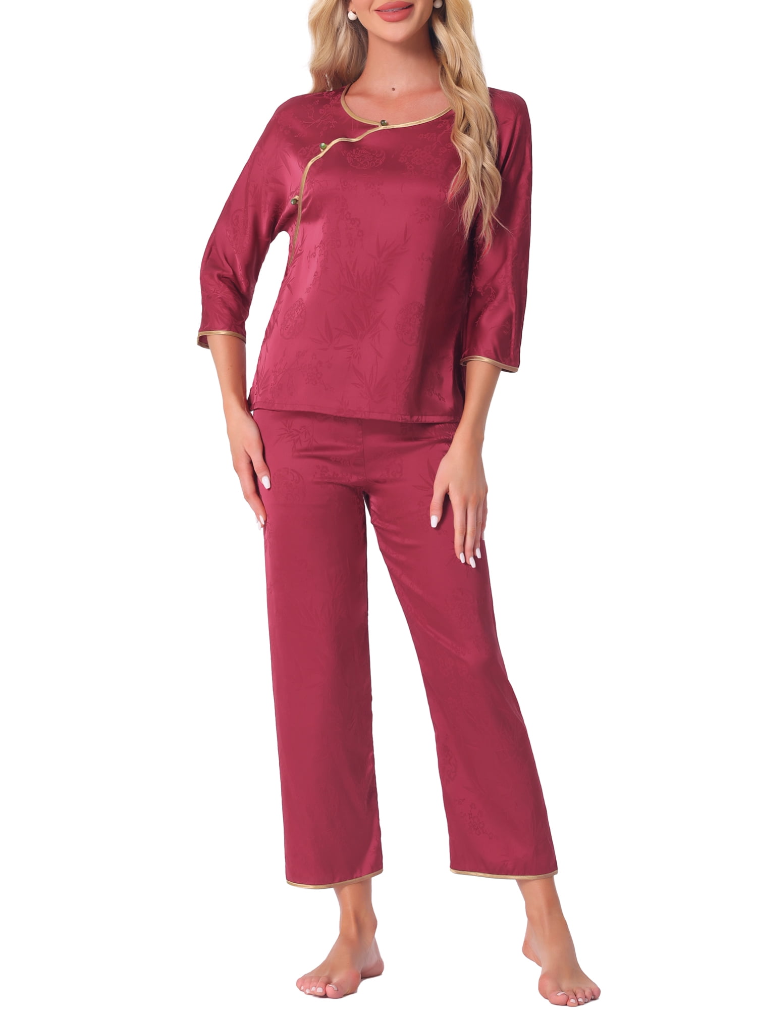 DARING DIVA Women's Floral Silky Long Sleeve Round Neck Pajamas Set L Red
