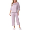 thumbnail image 1 of DARING DIVA Women's Floral Silky Long Sleeve Round Neck Pajamas Set S Purple, 1 of 6
