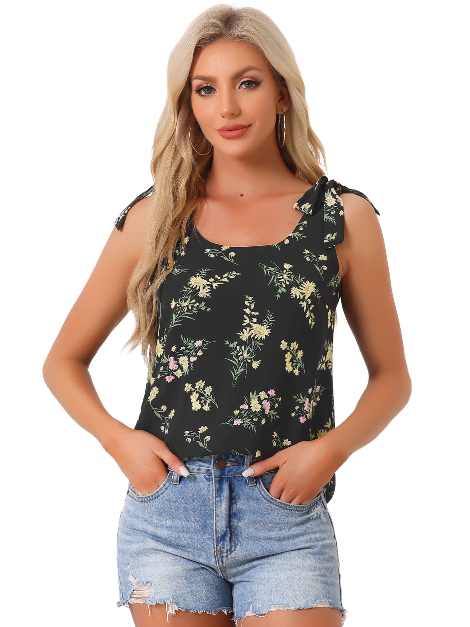 DARING DIVA Women's Floral Sleeveless Bow Tie Straps Boho Peasant Tank Top L Blacks