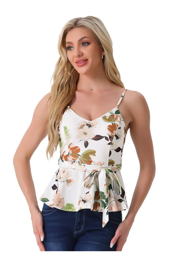 Women's Floral Sleeveless Tie Waist Peplum Tank Top XL White Green