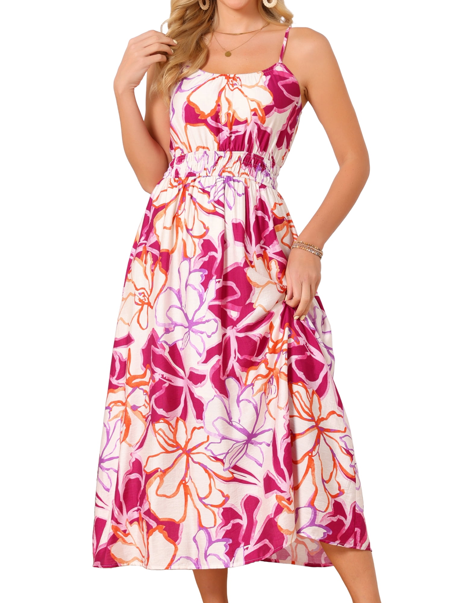 DARING DIVA Women's Floral Spaghetti Strap Sleeveless Smocked Crewneck Dress XL Beige