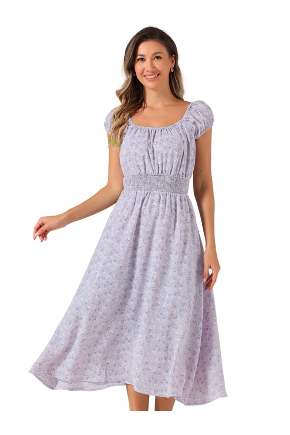 DARING DIVA Women's Floral Square Neck Puff Short Sleeves Flare Midi Dress XS Purple