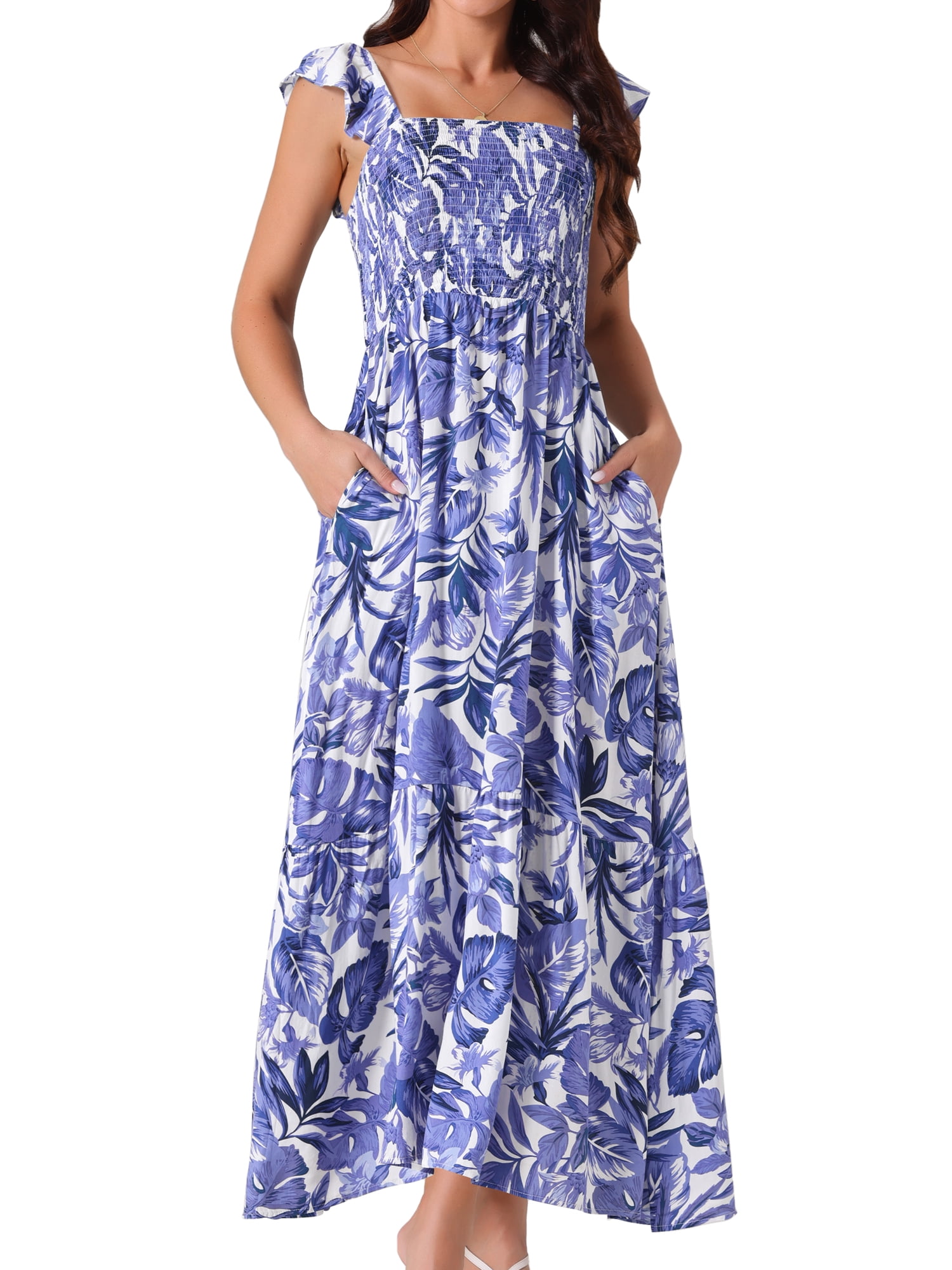 DARING DIVA Women's Floral Square Neck Ruffle Cap Sleeve Maxi Dresses M Dark Blue