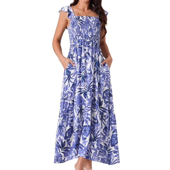 DARING DIVA Women's Floral Square Neck Ruffle Cap Sleeve Maxi Dresses M Dark Blue