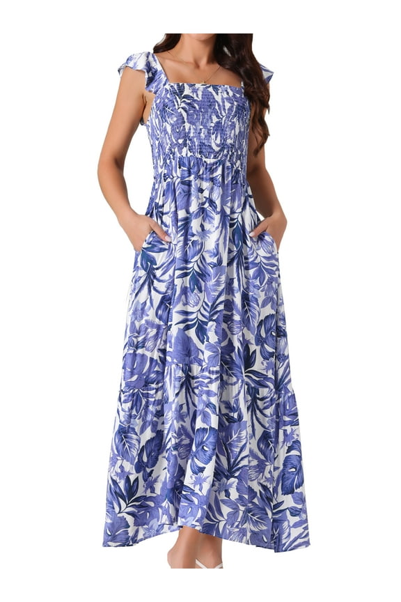 Women's Floral Square Neck Ruffle Cap Sleeve Maxi Dresses M Dark Blue