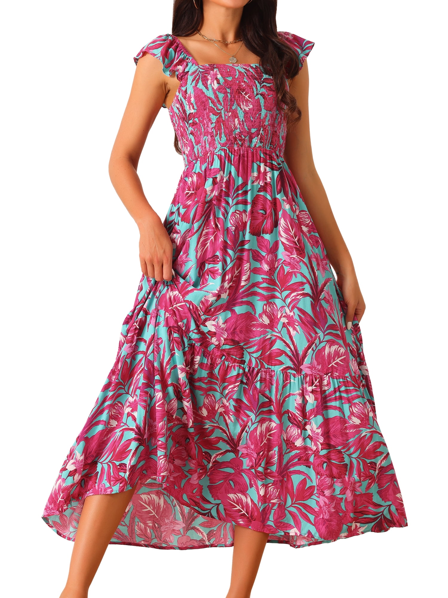 DARING DIVA Women's Floral Square Neck Ruffle Cap Sleeve Maxi Dresses M Hot Pink
