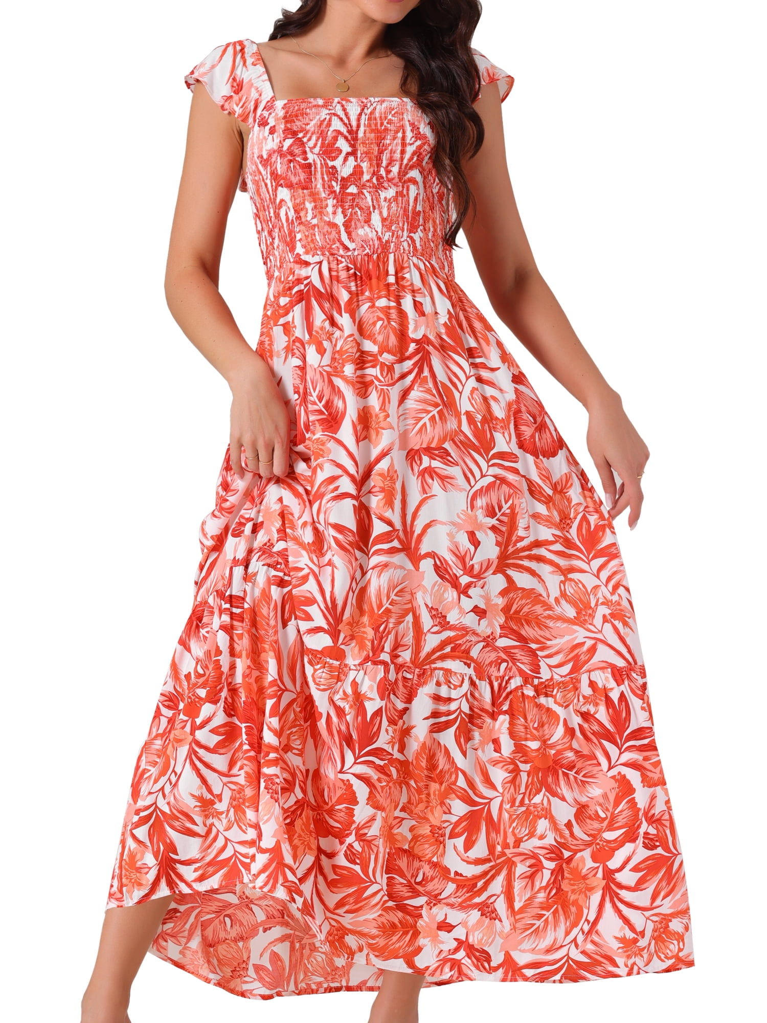 DARING DIVA Women's Floral Square Neck Ruffle Cap Sleeve Maxi Dresses M Orange
