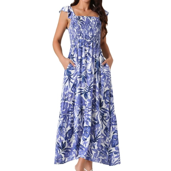 DARING DIVA Women's Floral Square Neck Ruffle Cap Sleeve Maxi Dresses S Dark Blue