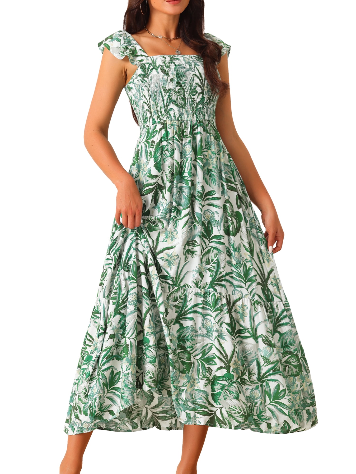 DARING DIVA Women's Floral Square Neck Ruffle Cap Sleeve Maxi Dresses XL Green