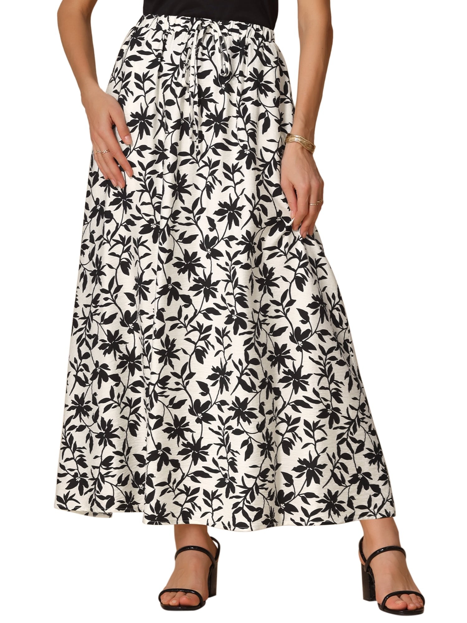 DARING DIVA Women's Floral Summer Elastic High Waisted A-Line Maxi Skirts L Black