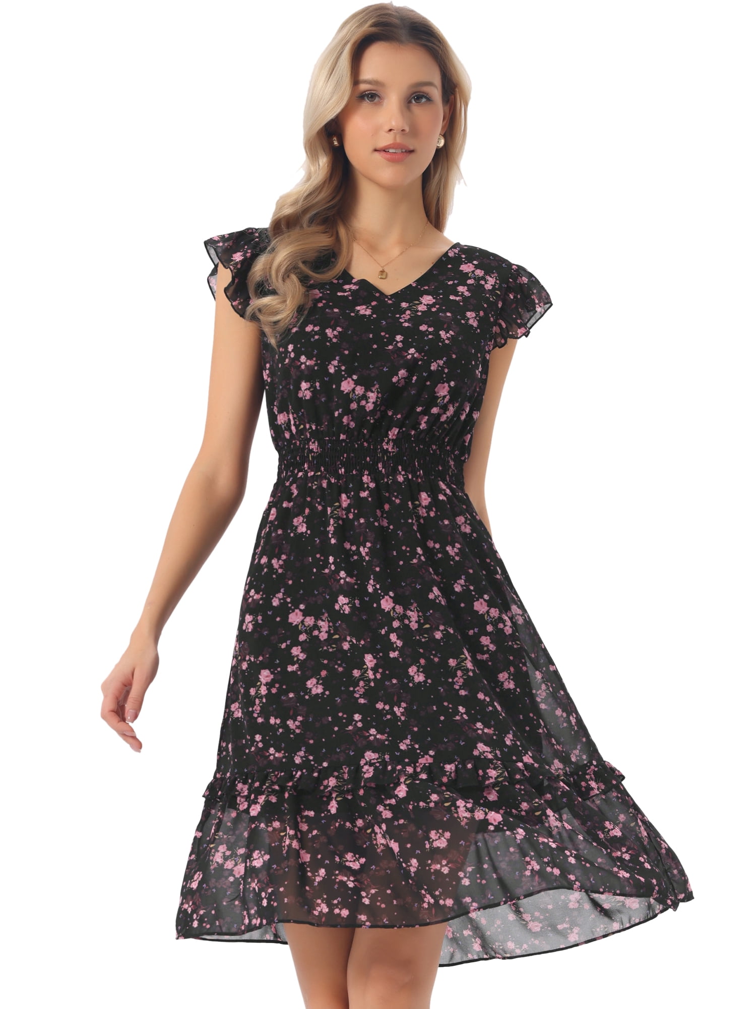 DARING DIVA Women's Floral Summer V Neck Flutter Sleeve Ruffle Dress L Black Pink Flower