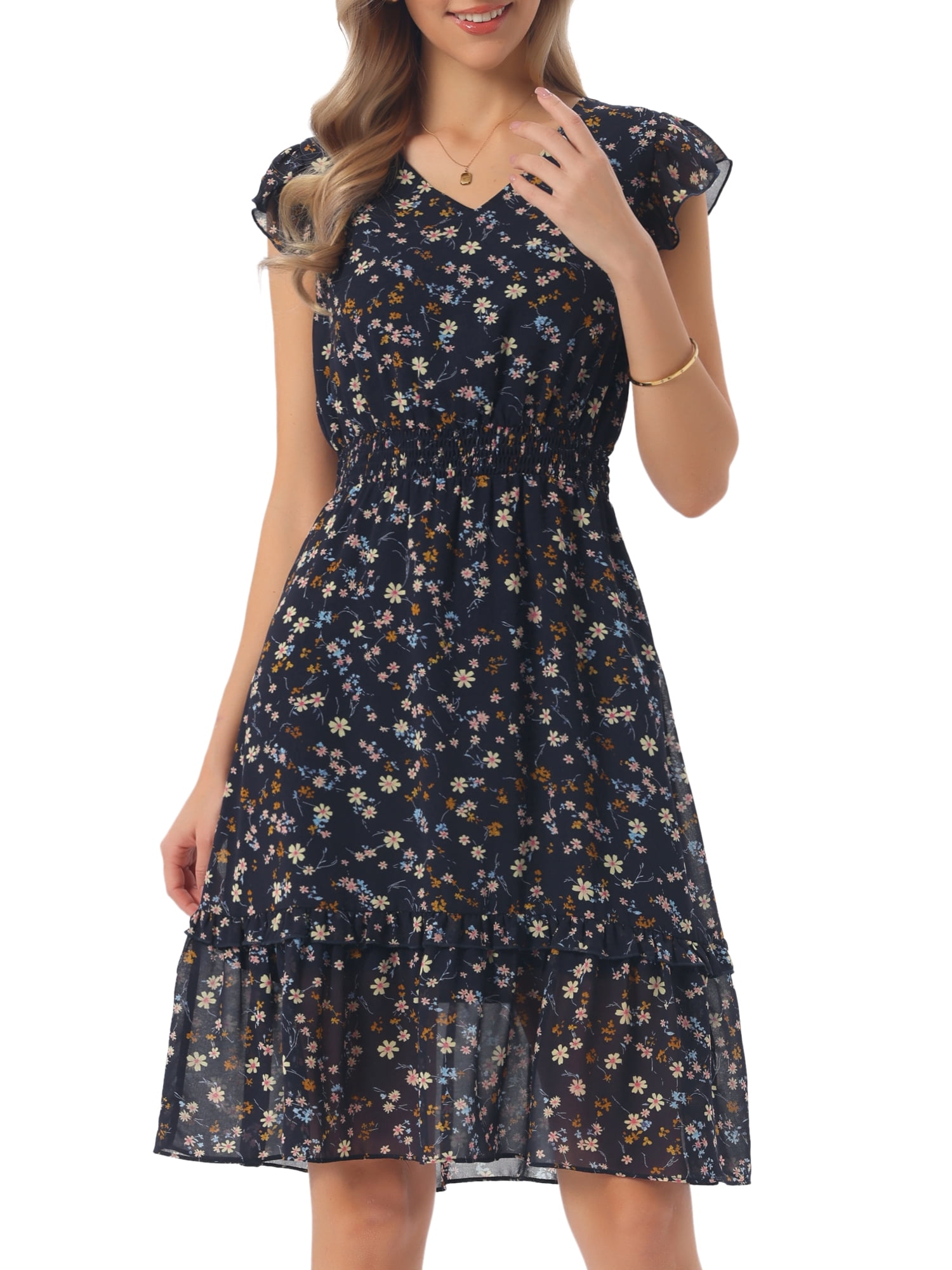 DARING DIVA Women's Floral Summer V Neck Flutter Sleeve Ruffle Dress L Dark Blue Yellow
