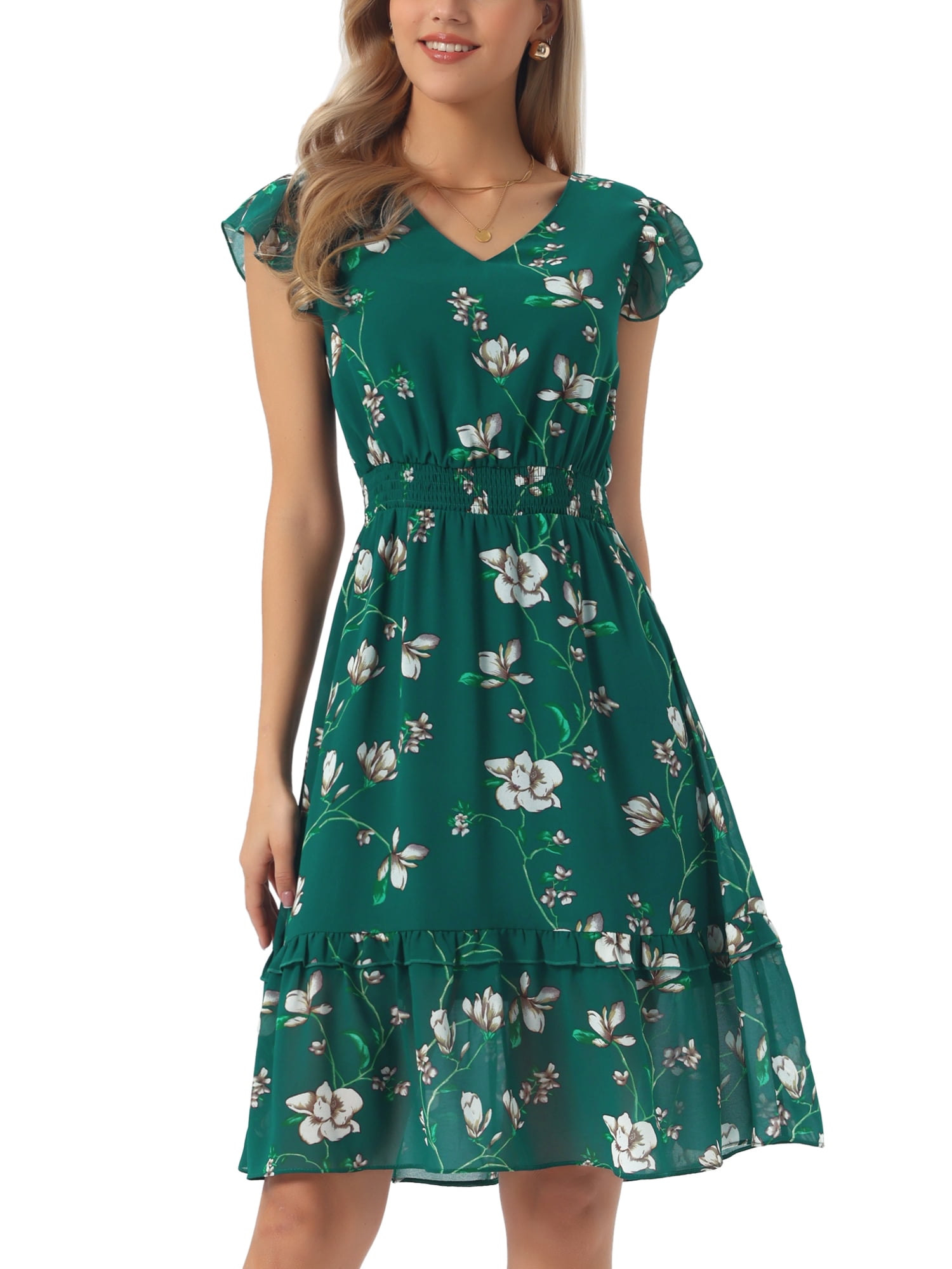 DARING DIVA Women's Floral Summer V Neck Flutter Sleeve Ruffle Dress M Dark Green