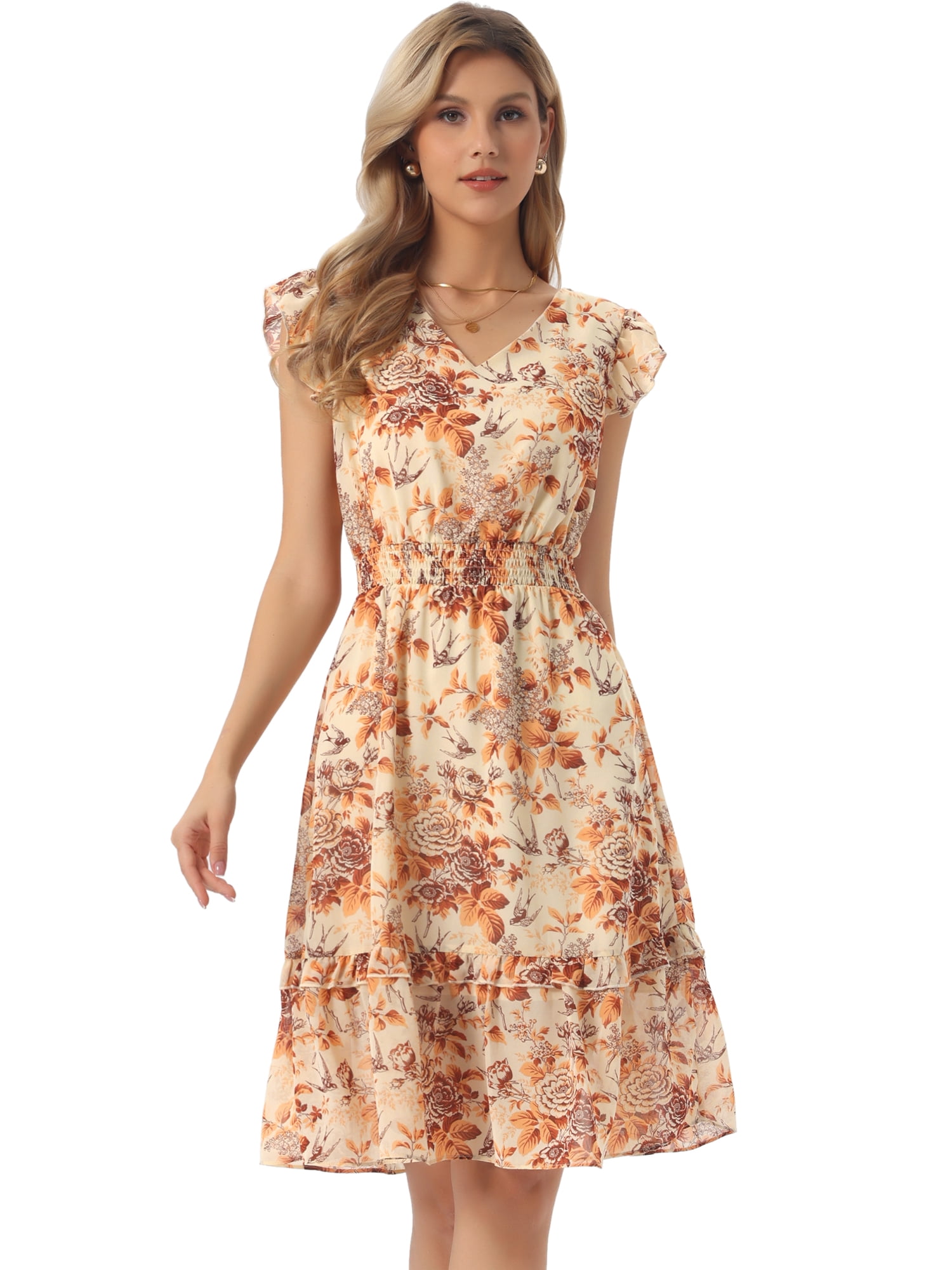 DARING DIVA Women's Floral Summer V Neck Flutter Sleeve Ruffle Dress M Orange Brown