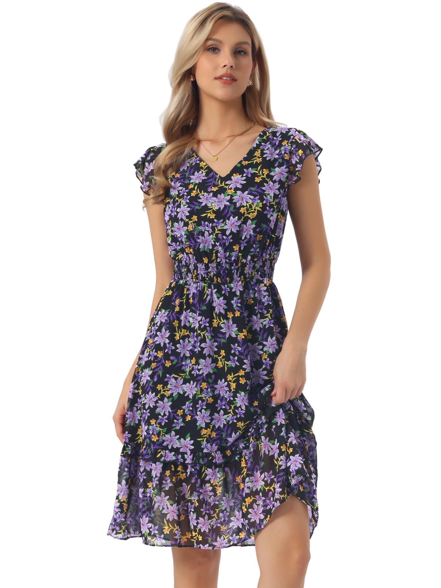 DARING DIVA Women's Floral Summer V Neck Flutter Sleeve Ruffle Dress M Purple Black