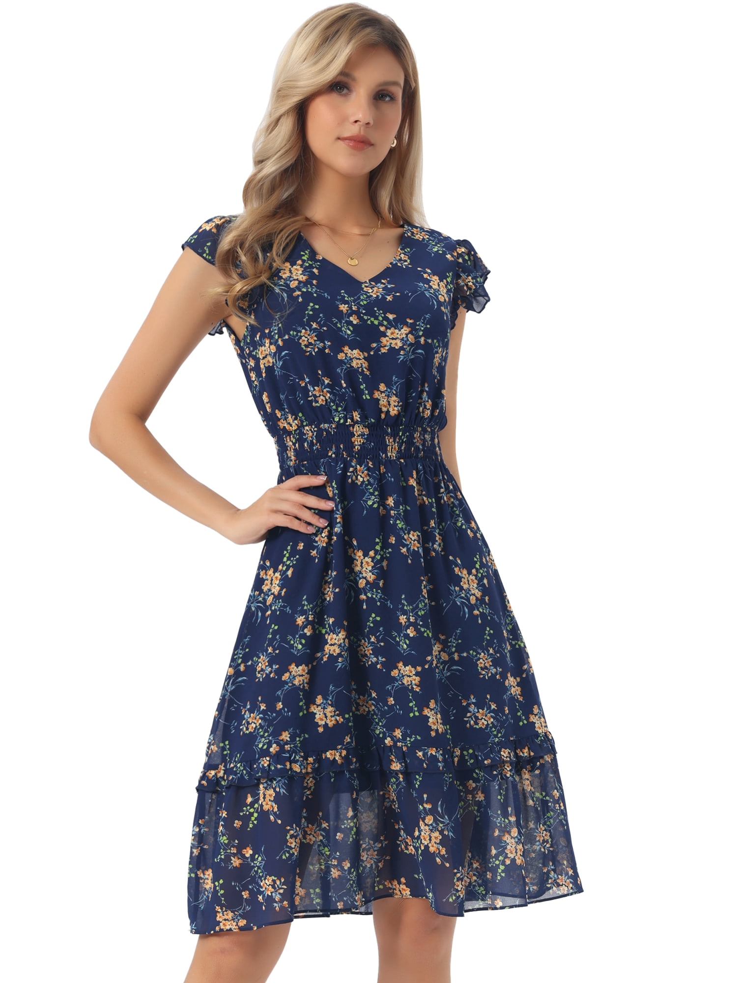 DARING DIVA Women's Floral Summer V Neck Flutter Sleeve Ruffle Dress S Navy Blue