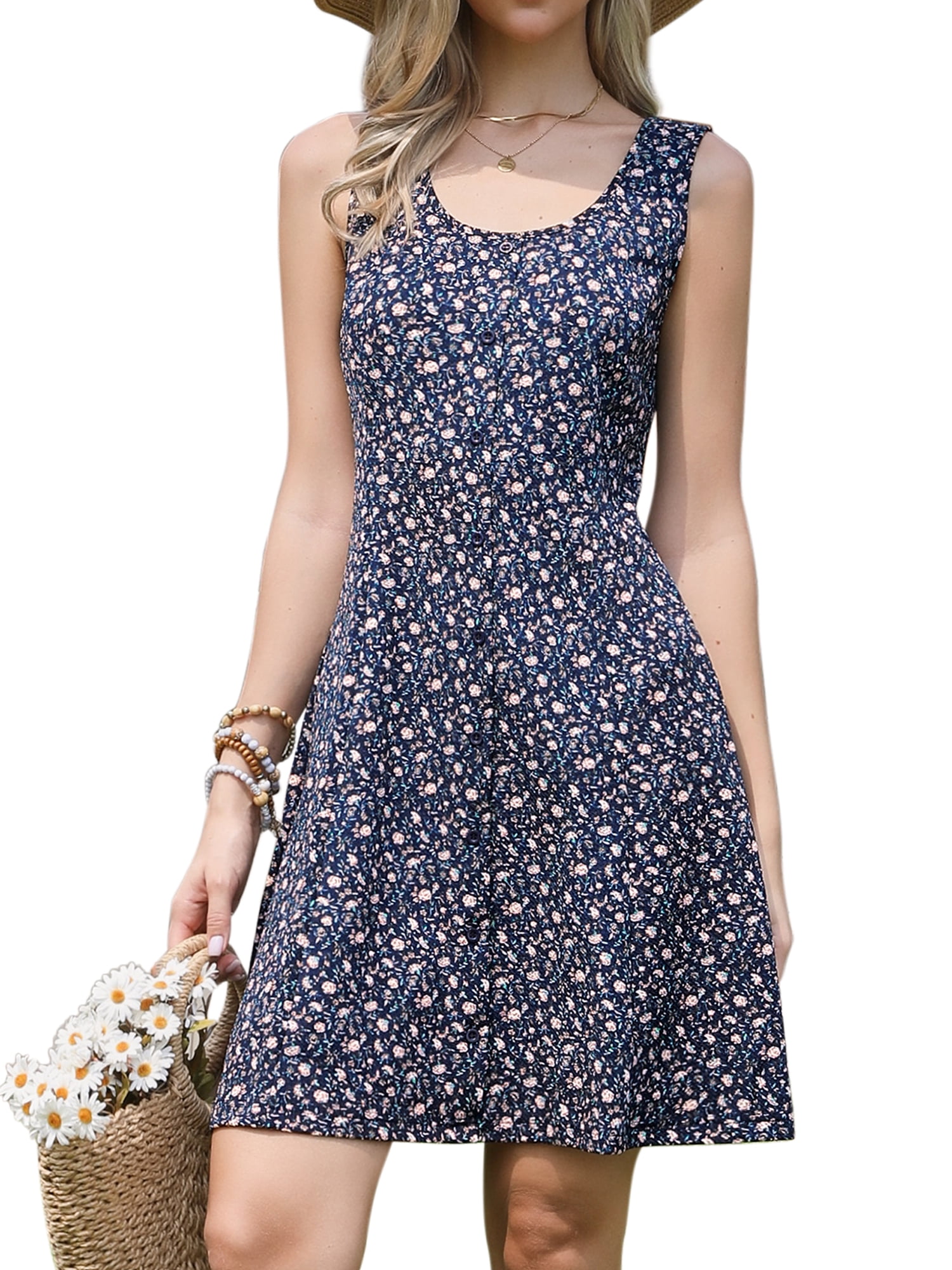 DARING DIVA Women's Floral Tank A-Line Square Neck Sleeveless Strap Sundress S Dark Blue
