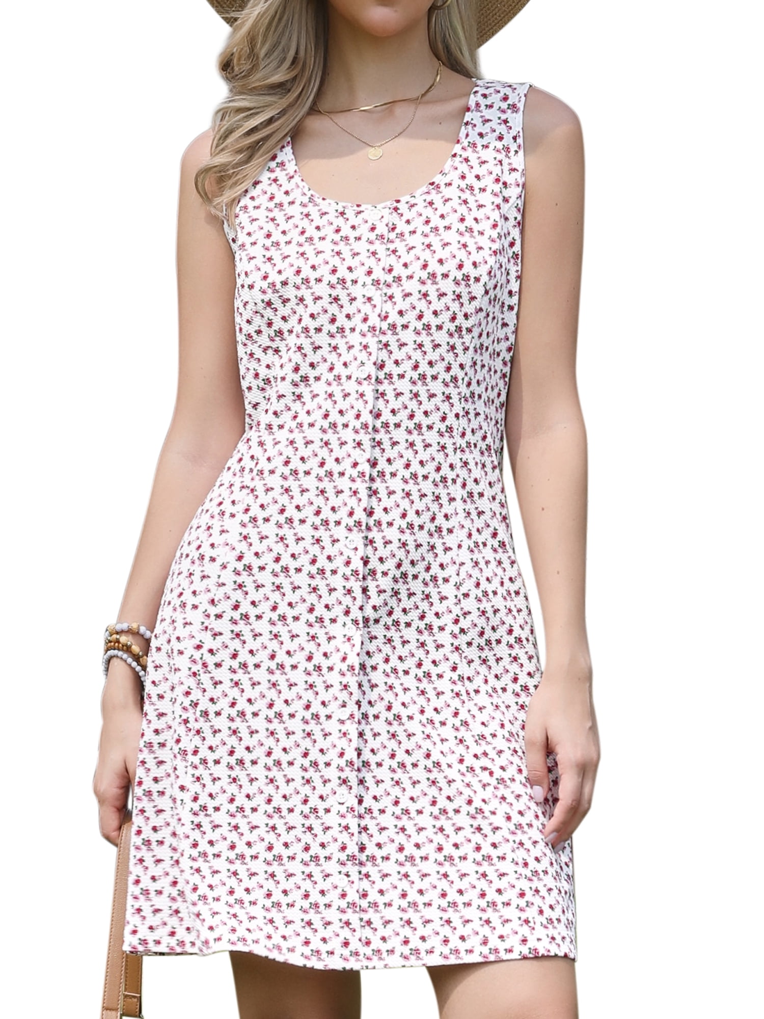 DARING DIVA Women's Floral Tank A-Line Square Neck Sleeveless Wide Strap Sundress XL White