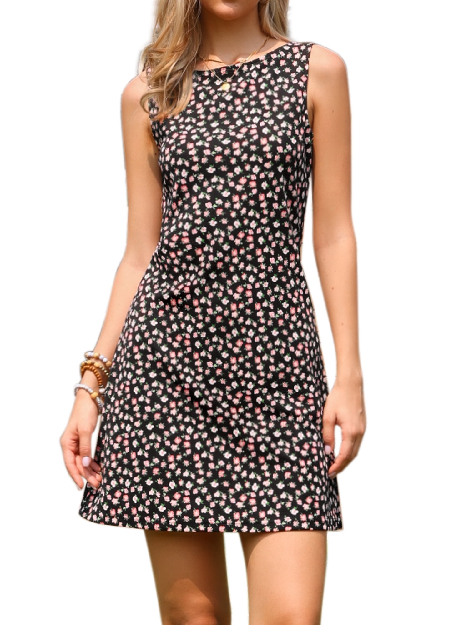 DARING DIVA Women's Floral Tank Dress Sleeveless Boat Neck A-Line Sundress S Black