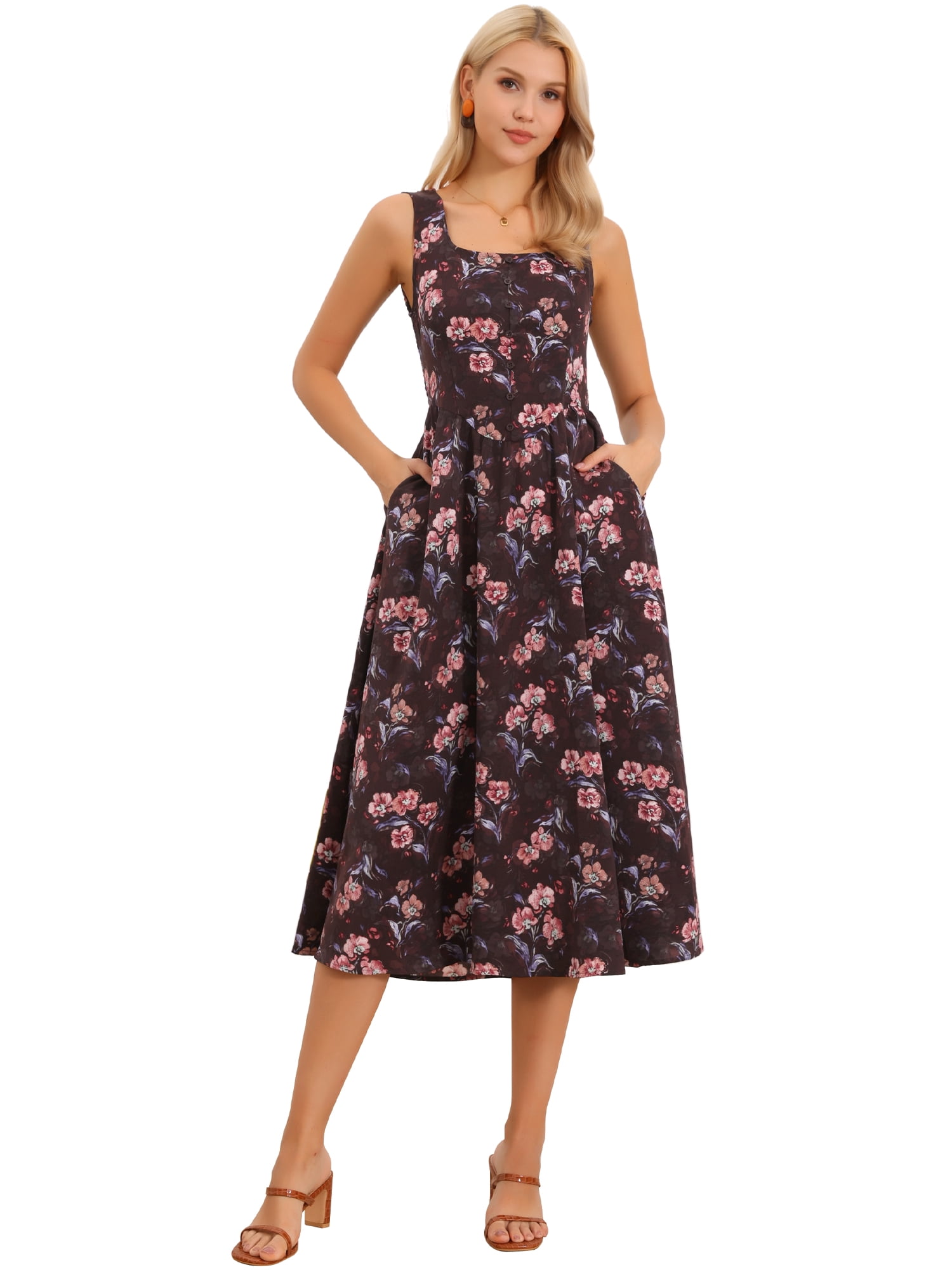 DARING DIVA Women's Floral Tank Square Neck Smocked Midi Dress L Brown Red Floral