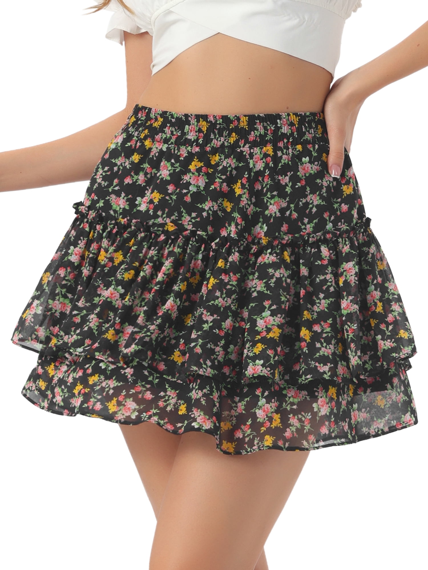 DARING DIVA Women's Floral Tiered Ruffle Print Chiffon A-Line Mini Skirt S Black Yellow