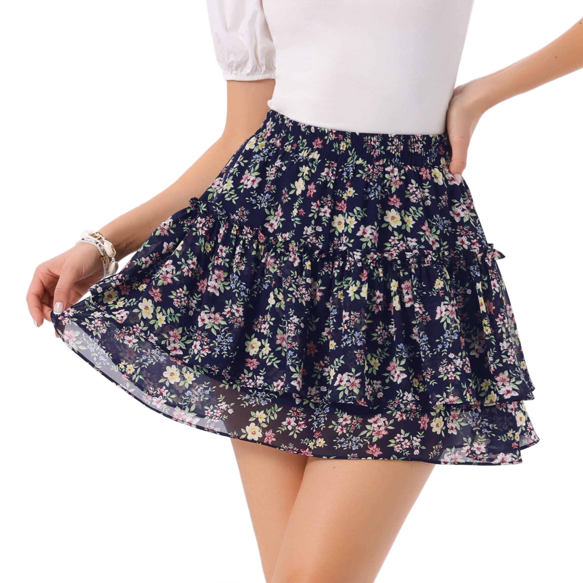 DARING DIVA Women's Floral Tiered Ruffle Print Chiffon A-Line Mini Skirt S Dark Blue Red