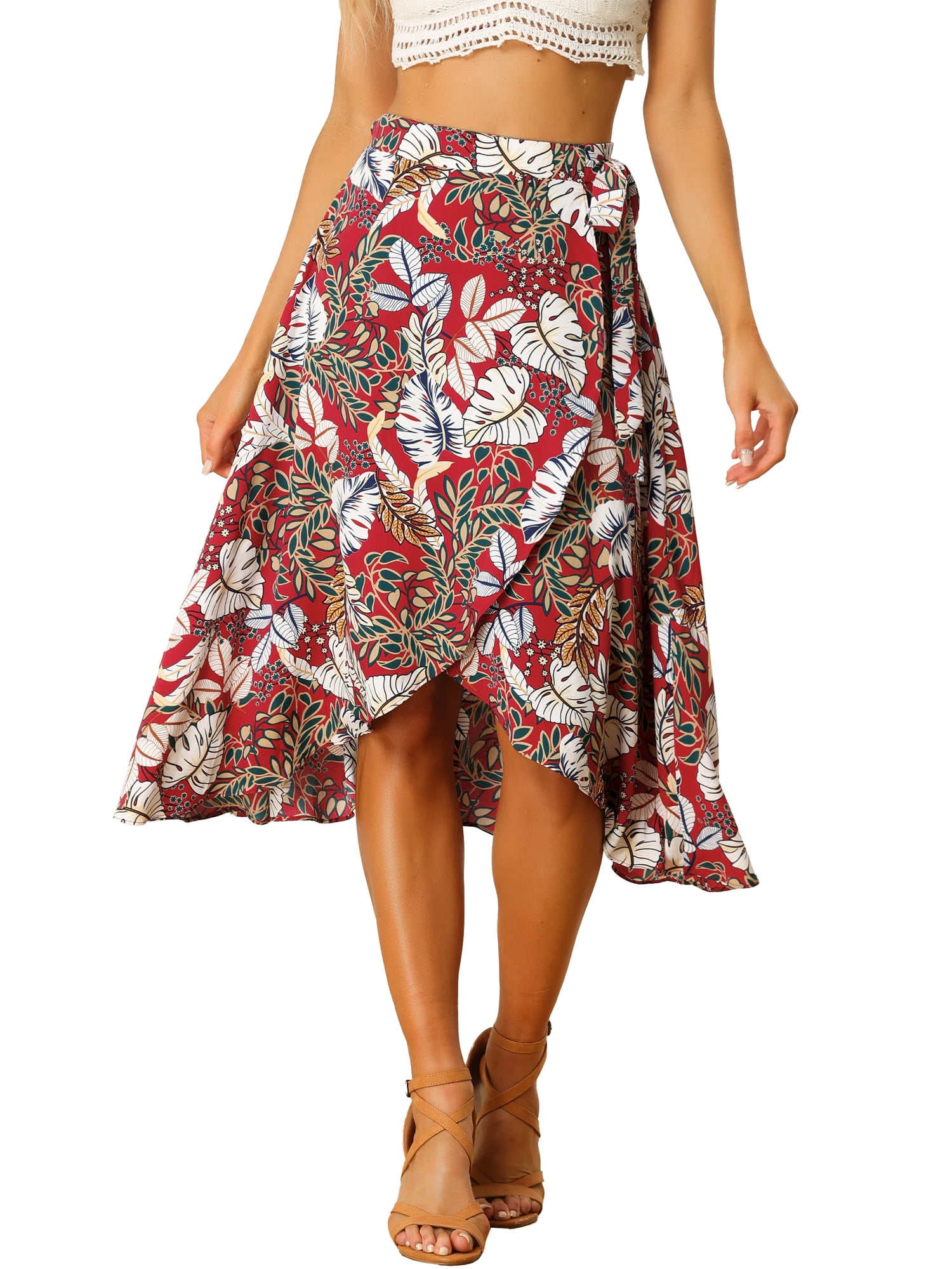 DARING DIVA Women's Floral Tropical Boho Midi Wrap Skirt L Red