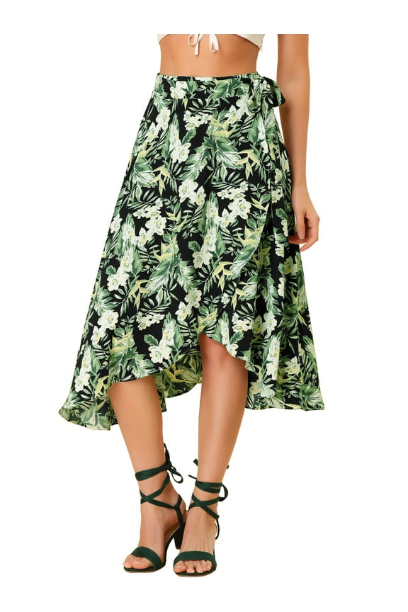 Women's Floral Tropical Boho Midi Wrap Skirt S Black