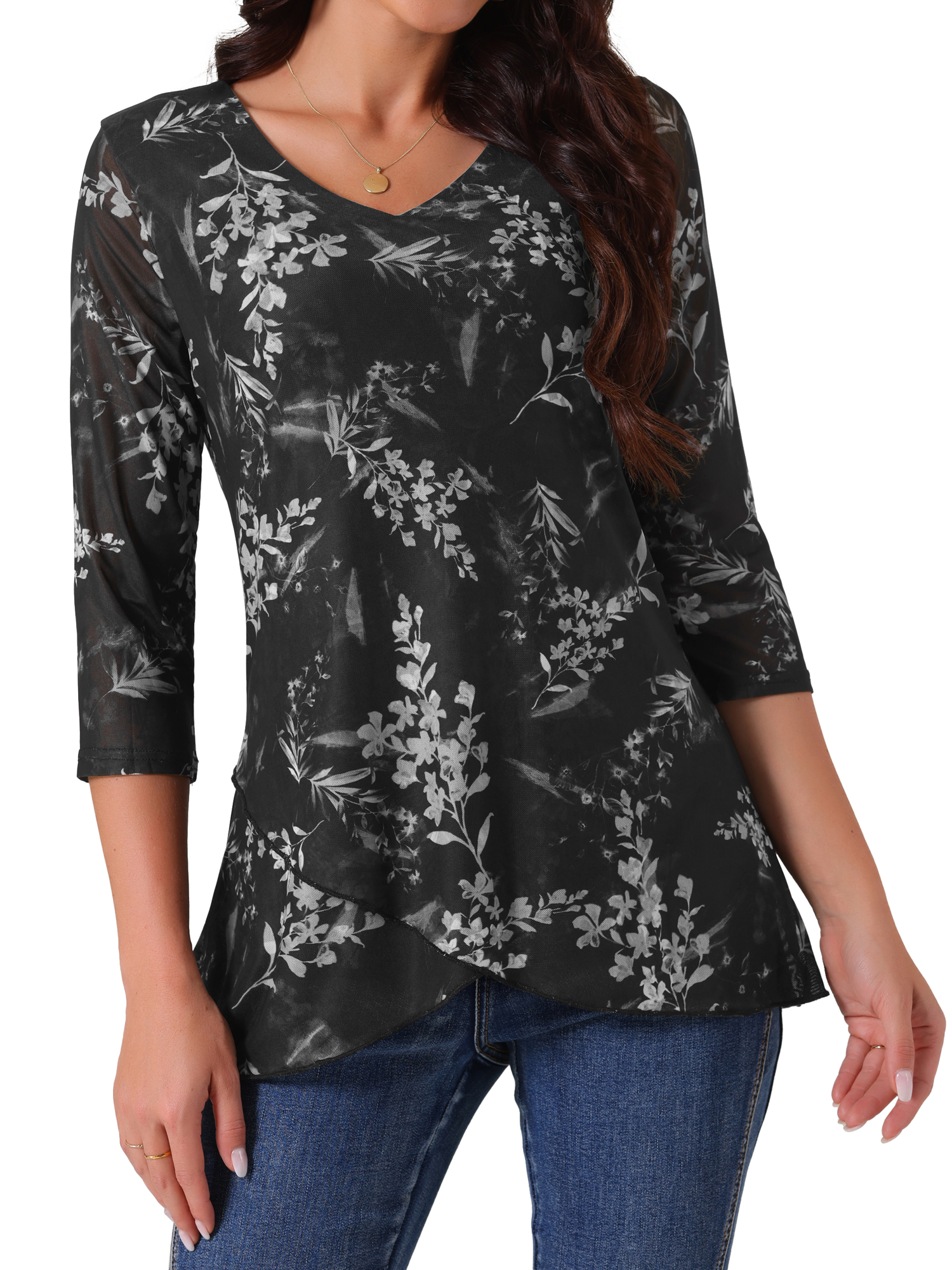 DARING DIVA Women's Floral V Neck Double Layered Mesh Dressy Tops Black L