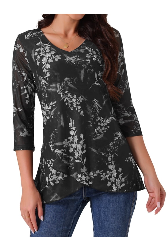 Women's Floral V Neck Double Layered Mesh Dressy Tops Black L