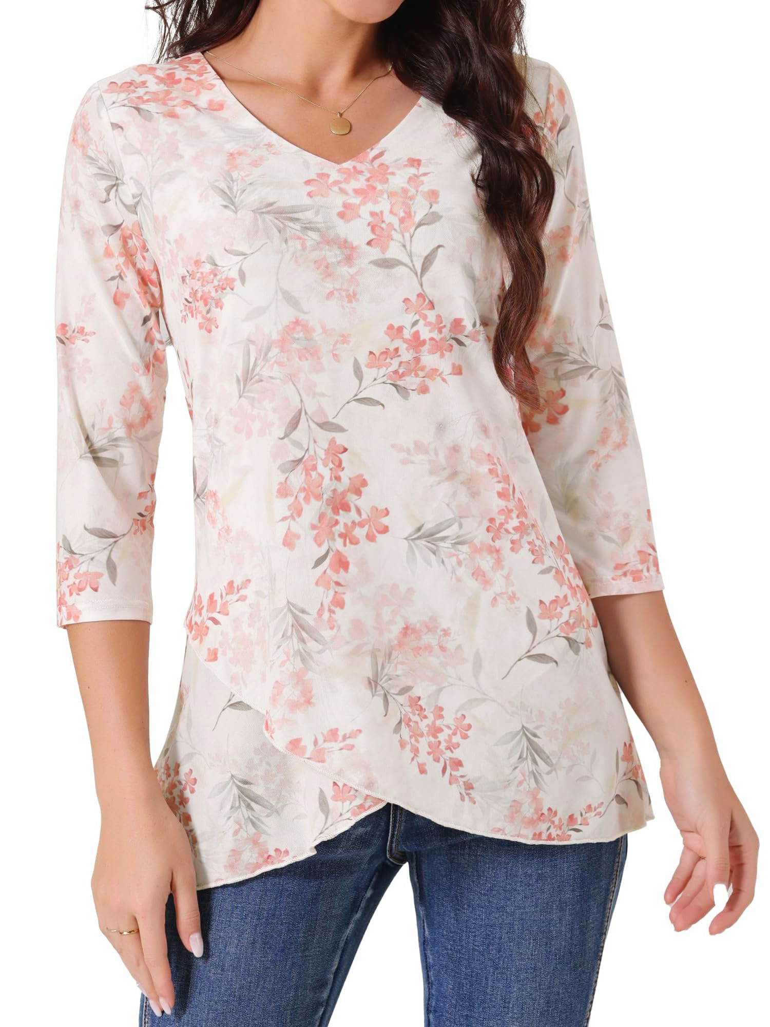 DARING DIVA Women's Floral V Neck Double Layered Mesh Dressy Tops White M